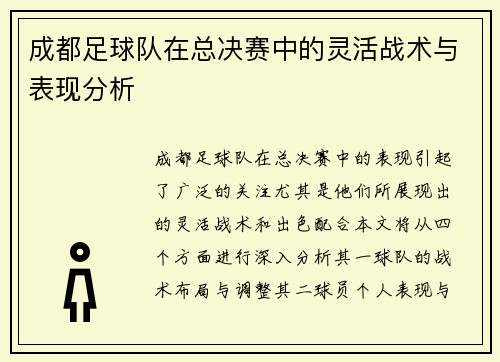 成都足球队在总决赛中的灵活战术与表现分析