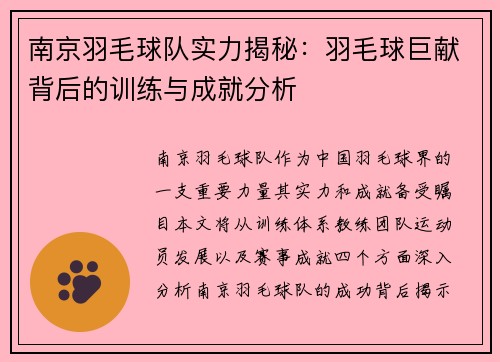 南京羽毛球队实力揭秘：羽毛球巨献背后的训练与成就分析