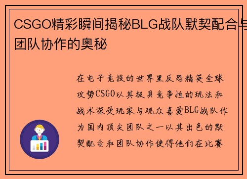 CSGO精彩瞬间揭秘BLG战队默契配合与团队协作的奥秘