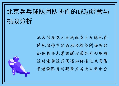 北京乒乓球队团队协作的成功经验与挑战分析