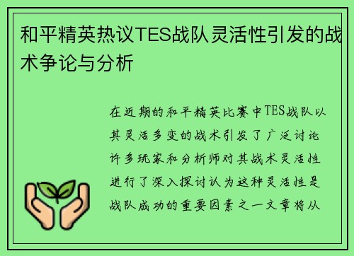 和平精英热议TES战队灵活性引发的战术争论与分析