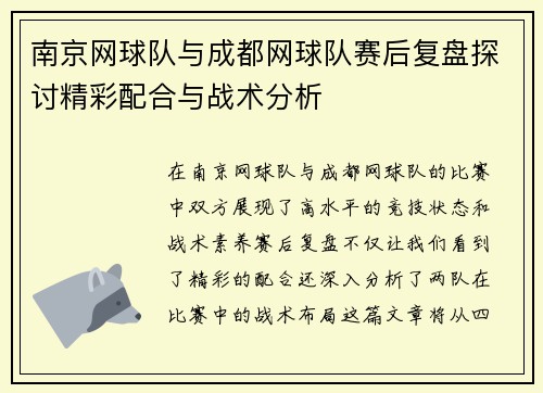 南京网球队与成都网球队赛后复盘探讨精彩配合与战术分析